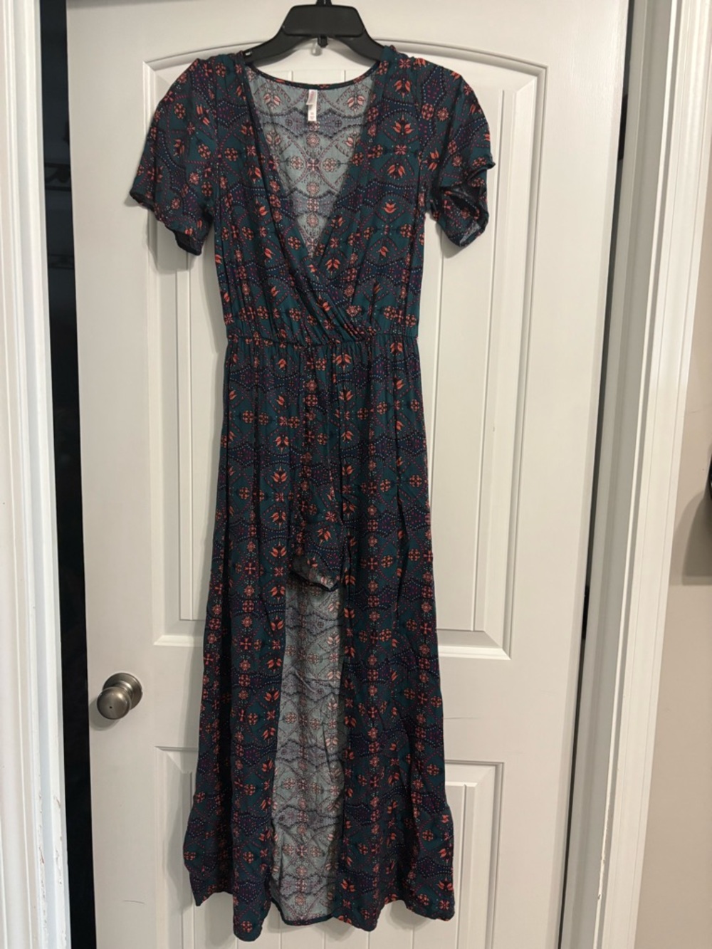 (386) Xhilaration Teal Maxi Dress with Coral Floral Print